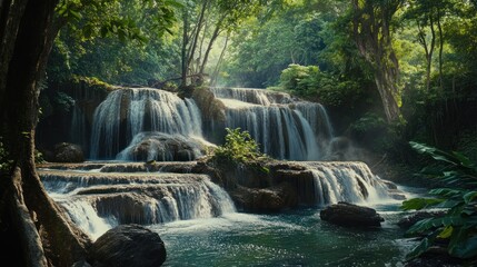 Naklejka premium Serene Waterfall in Lush Tropical Forest