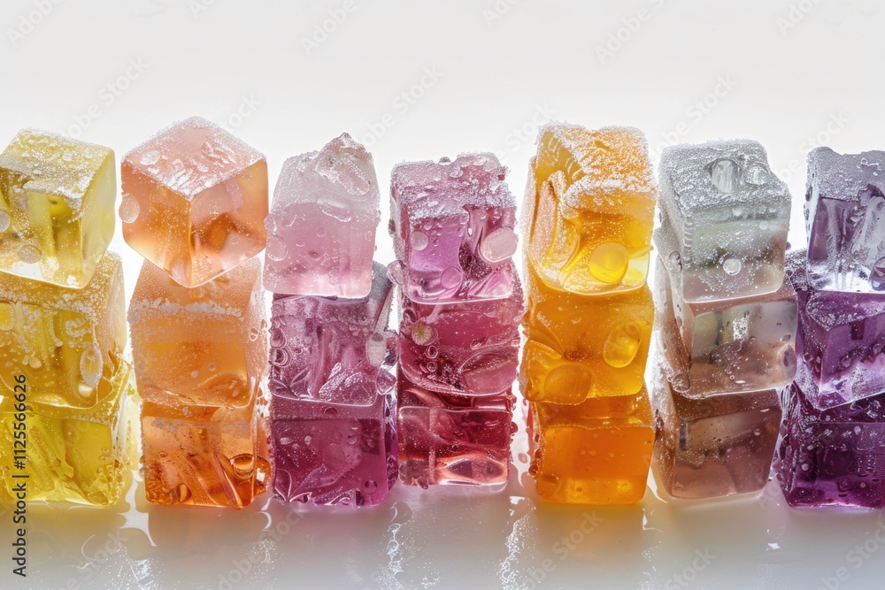 Poster ice cubes in various colors arranged on a white background, suitable for use in designs related to c