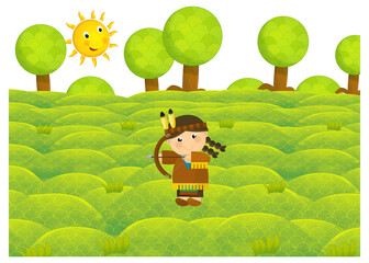 cartoon scene with character withl outfit costume representing his her nationality standing in park during summer illustration for children