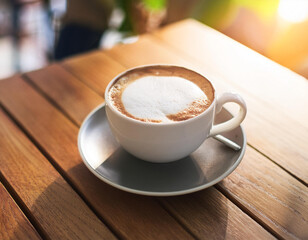 Fototapeta premium Cup of hot cappucino on the wooden table. Early morning breakfast
