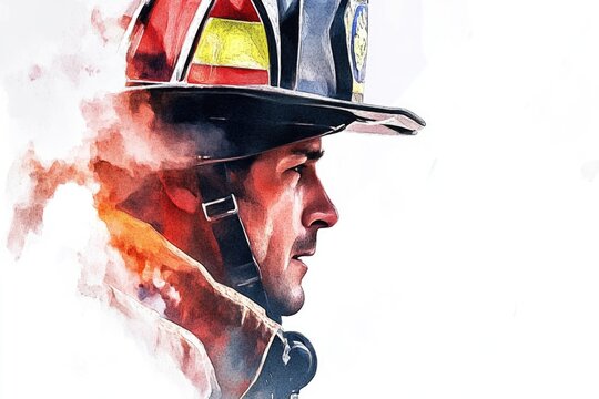 A fireman wearing his helmet in a watercolor illustration