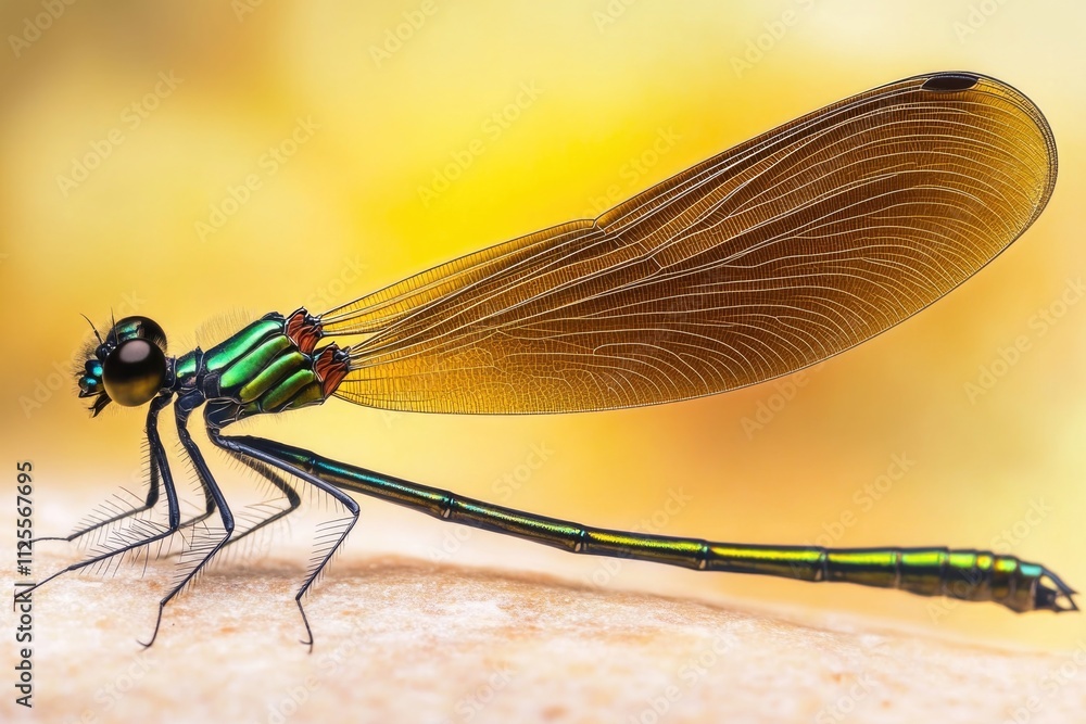 Poster a close-up of a dragonfly perched on someone's arm, with its delicate features and iridescent wings 