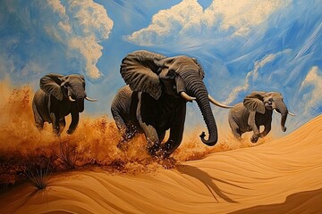 Fototapeta premium Three Elephants Running Across Sandy Desert Under Blue Sky