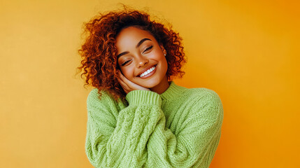 Cheerful young african female in green sweater with bright orange background