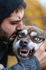 Obraz premium A man holds a dog with its mouth open, showcasing the bond between them