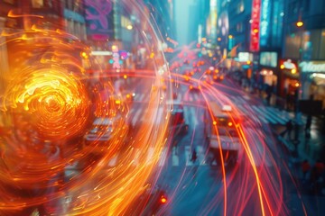 A blurred image of a city street at night with various lights and buildings in the background