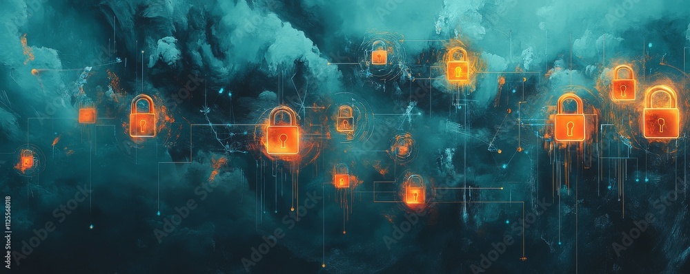 Poster cloud network with digital padlocks, glowing icons representing safe data exchange and protection in