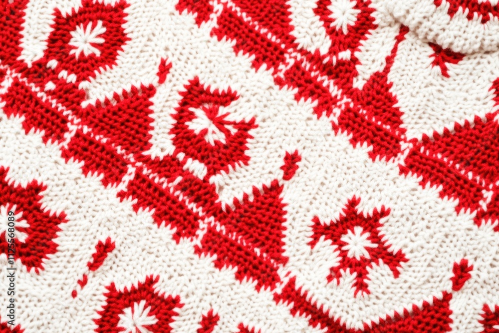 Poster a close-up shot of a red and white knitted blanket with intricate patterns