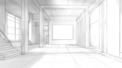 Sketch of a Modern Building Interior with a Blank Canvas