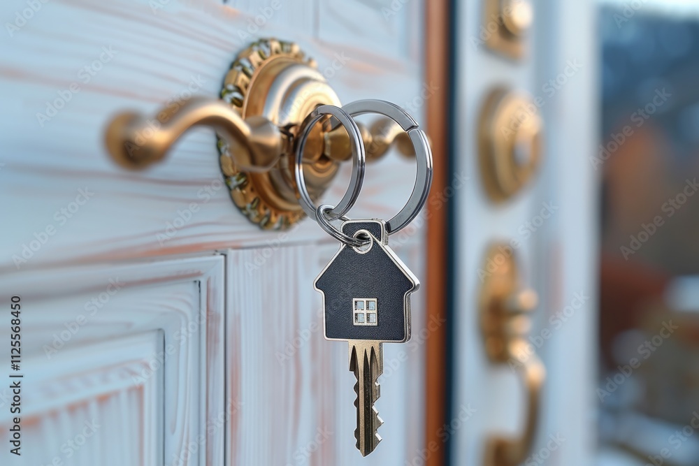 Poster a single house key hanging from a door handle, ready to unlock the way in