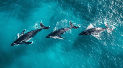 Fototapeta premium Aerial view of three humpback whales swimming in turquoise ocean.