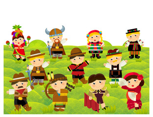 cartoon scene with character withl outfit costume representing his her nationality standing in park during summer illustration for children