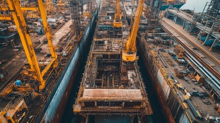 Obraz premium Aerial view of shipyard with ships under repair.