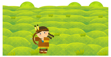 cartoon scene with character withl outfit costume representing his her nationality standing in park during summer illustration for children