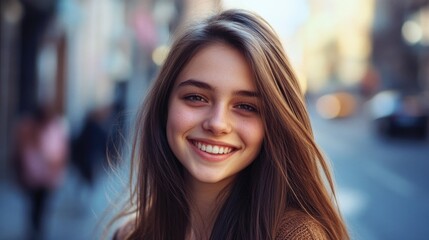 Obraz premium A happy woman with long brown hair smiling directly into the camera lens