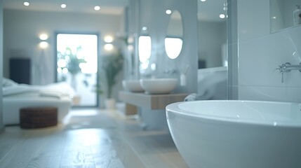 A modern bathroom with two sinks and a bathtub, suitable for use in property listings or interior design projects