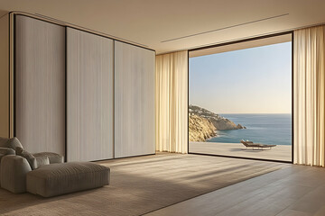 Luxurious minimalist bedroom with sliding doors, overlooking a stunning ocean view.  Modern interior design with neutral tones and natural light.