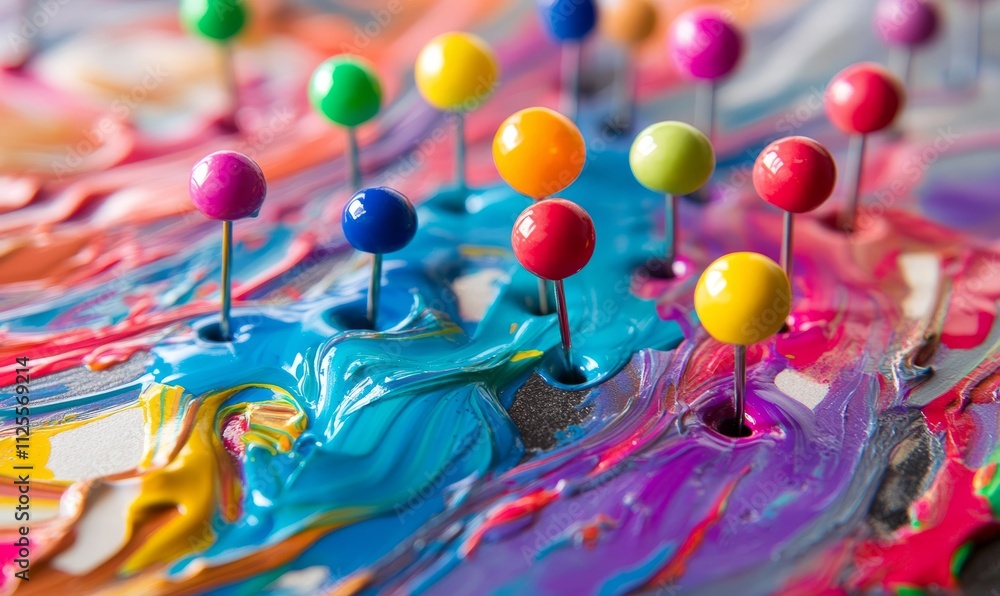Poster colorful push pins on abstract paint splashes in simple layout