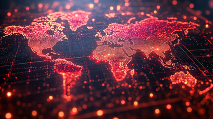 Glowing digital world map with red geographic dots on black background
