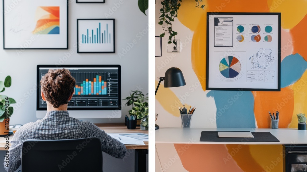 Poster dual workspace featuring a modern desk setup with a data analysis display on one side and vibrant ar