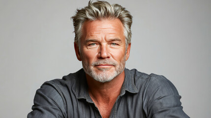 Mature caucasian male with gray hair and beard, wearing a casual shirt