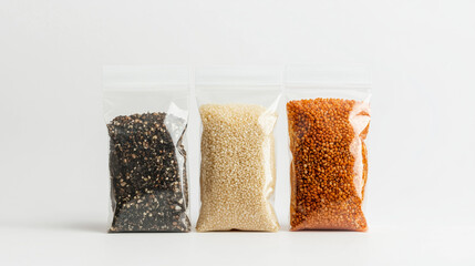 Three clear packets of grains and seeds showcasing a range of healthy and nutritious ingredients for a balanced diet and culinary creations.
