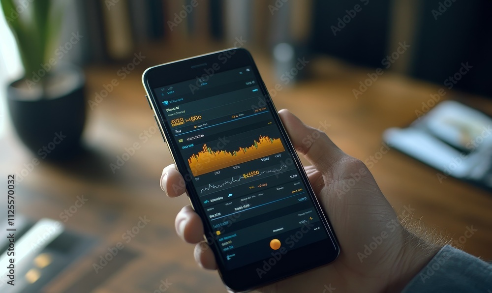 Poster finance and investment app interface on a smartphone with stock graphs