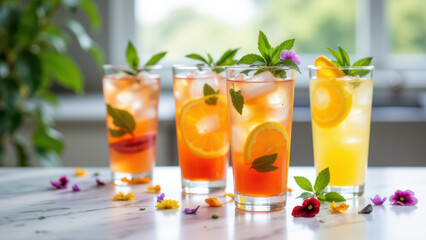 Fototapeta premium Brightly colored, refreshing drink with ice, mint, orange slices, and edible flowers on a wooden table.