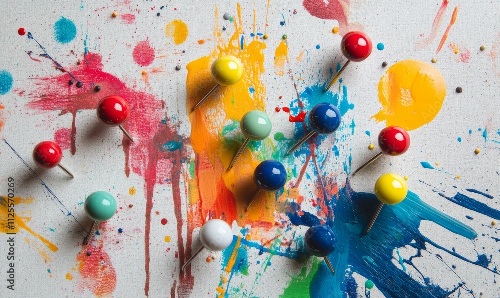Poster colorful push pins on abstract paint splashes in simple layout