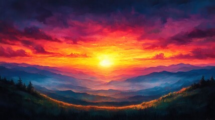 Fototapeta premium Vivid Sunset Over Mountain Landscape Painting