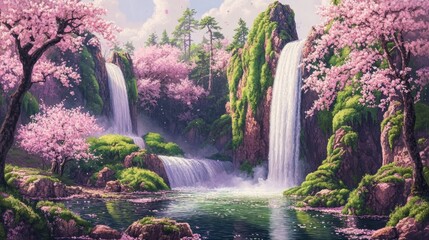 Serene Waterfall Landscape with Cherry Blossoms