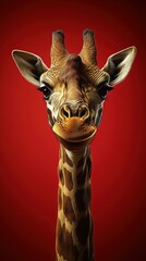 Fototapeta premium A giraffe portrait against a red background. AI.
