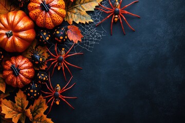 Autumn-themed table decoration with various pumpkins and other seasonal elements