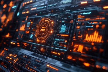 Obraz premium A close-up view of a computer screen with glowing lights, perfect for digital or futuristic-themed designs