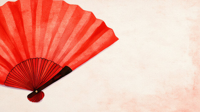 Elegant red fan with black handle on soft watercolor background