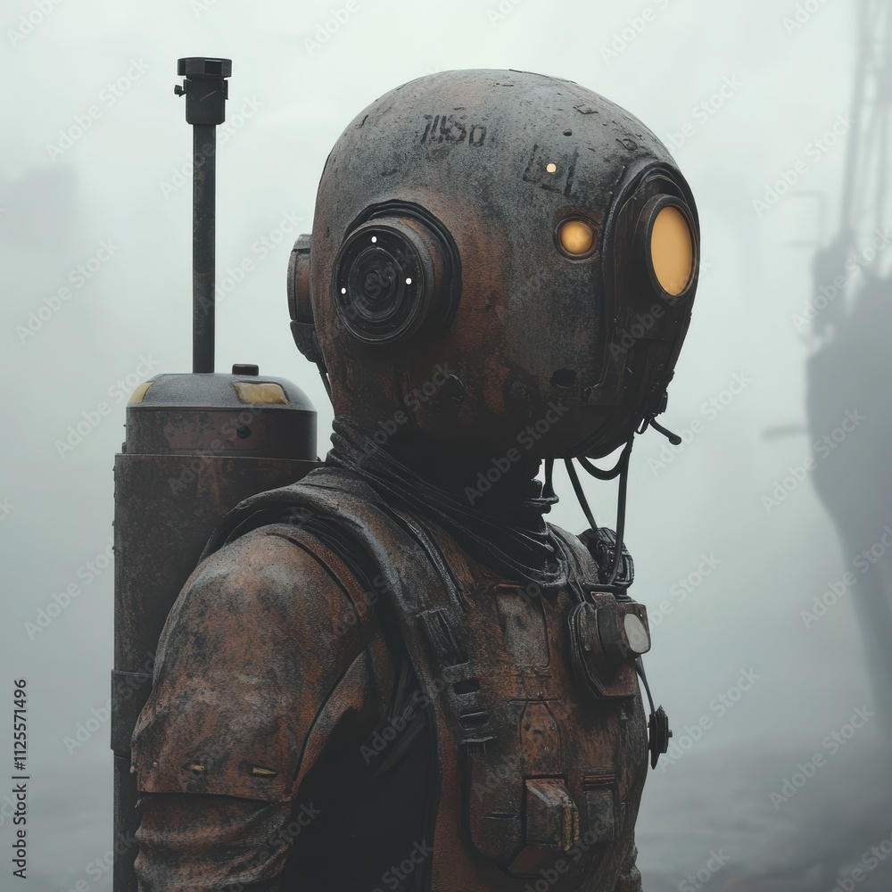 Poster futuristic robot explorer in a gloomy urban environment with a unique circular head and integrated t