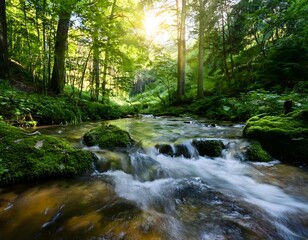 Forest Stream with Moss-Covered Rocks and Sunlit Canopy