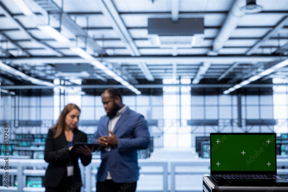 Poster focus on mockup laptop used by coworkers in data center ensuring cybersecurity and efficient network