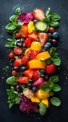 Colorful fresh fruit and vegetable salad with berries and leafy greens.