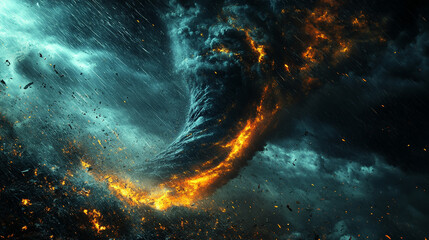 powerful tornado swirls in a stormy landscape, symbolizing nature's fury and the urgent impact of climate change. Dramatic clouds and harsh winds highlight humanity's fragile relationship with the pla