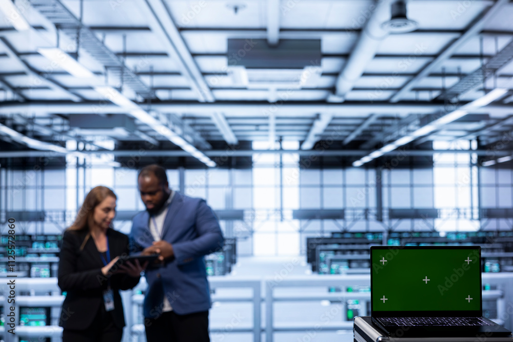 Poster focus on isolated screen laptop device used by coworkers in data center blurry background. close up 
