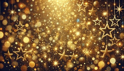 Funkelnder, goldener Hintergrund mit schwebenden Sternen, Lichtreflexen und Bokeh-Effekt. Perfekt f&uuml;r Weihnachten, Silvester oder luxuri&ouml;se Festdesigns. Generative KI