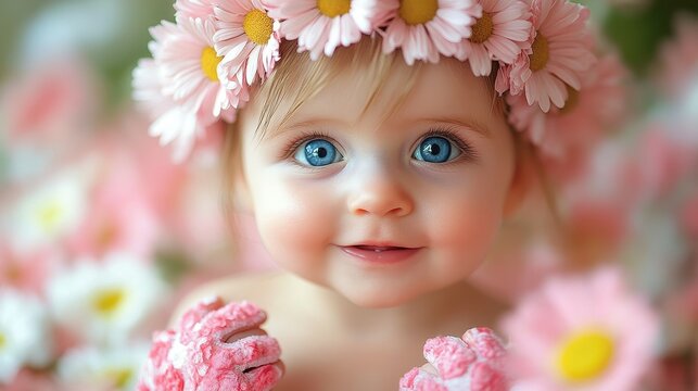 A baby girl wearing a pink flower crown and a blue dress. She is smiling and looking at the camera