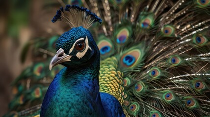 Obraz premium Close-up of a peacock with vibrant plumage. (1)