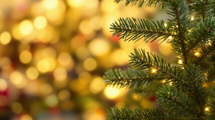 Left Branch With Twinkling Lights On Blurred Golden Background For Holiday Designs, Cards And Advertisements