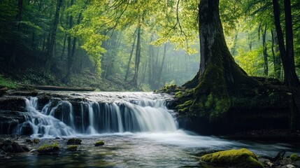 Fototapeta premium Enchanted Waterfall in Lush Green Forest