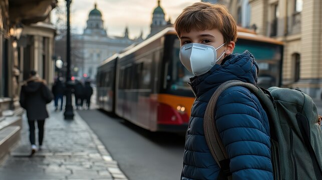 A boy wearing a mask and a blue jacket stands on a sidewalk next to a bus. The boy is wearing a backpack and he is waiting for the bus. The scene is set in a city