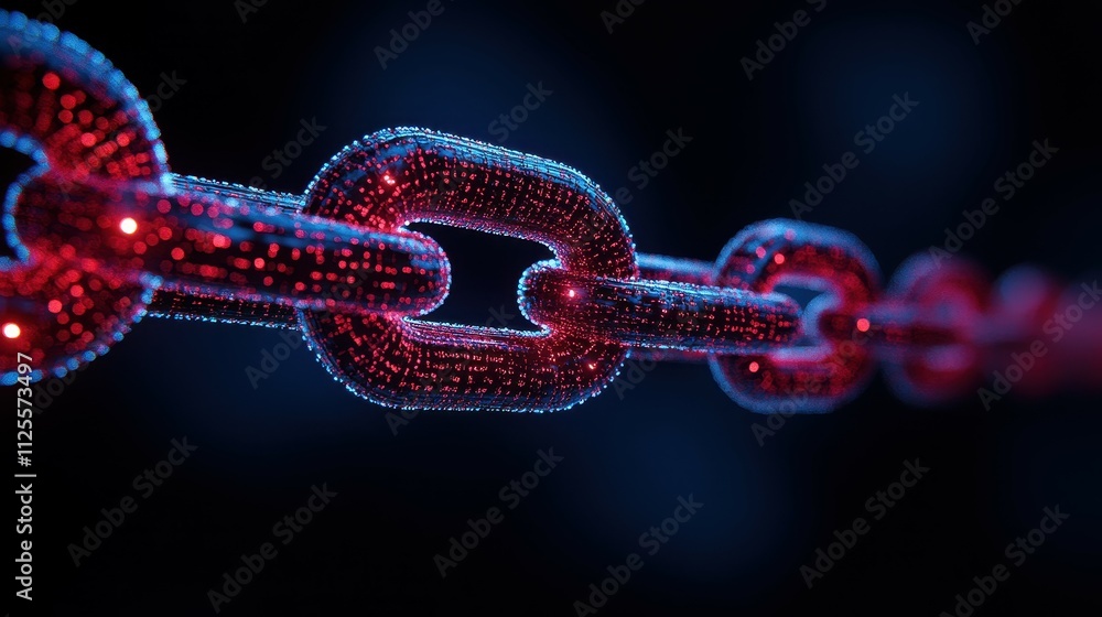 Poster a chain of red and blue links. the chain is made up of many small links. the links are connected to 