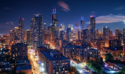 Obraz premium panoramic view of a vibrant city at night with glowing skyscrapers and busy streets urban landscape