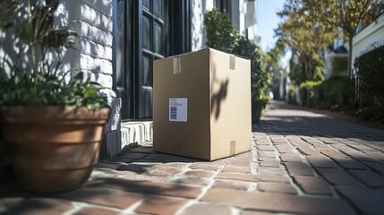 A cardboard box is sitting on a brick sidewalk. The box is labeled with a white sticker and has a blue label on it. The box is on the side of a house, and there are potted plants nearby